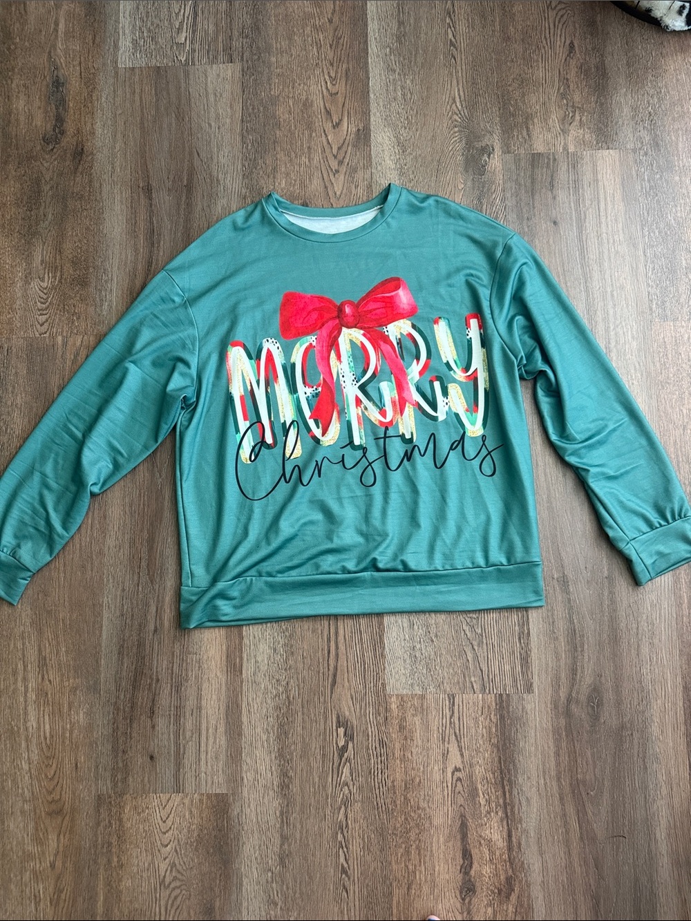 Teal "Merry Christmas" Graphic Sweatshirt with Red Bow